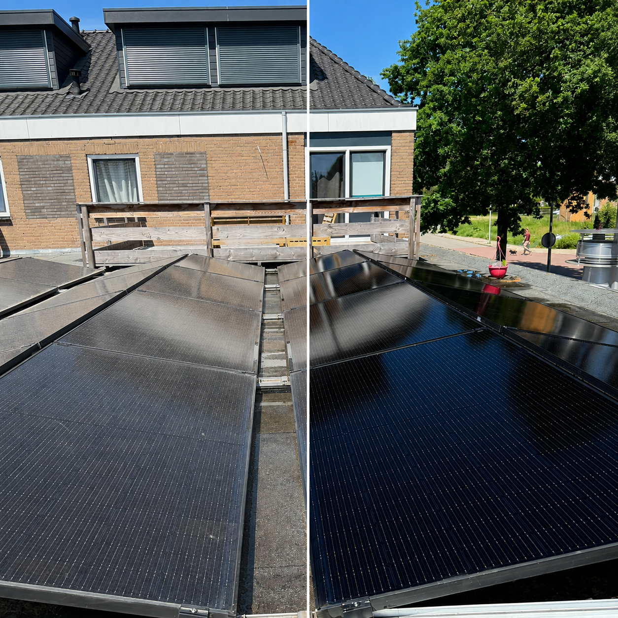 Voor en na reiniging van zonnepanelen op een woning in Twente